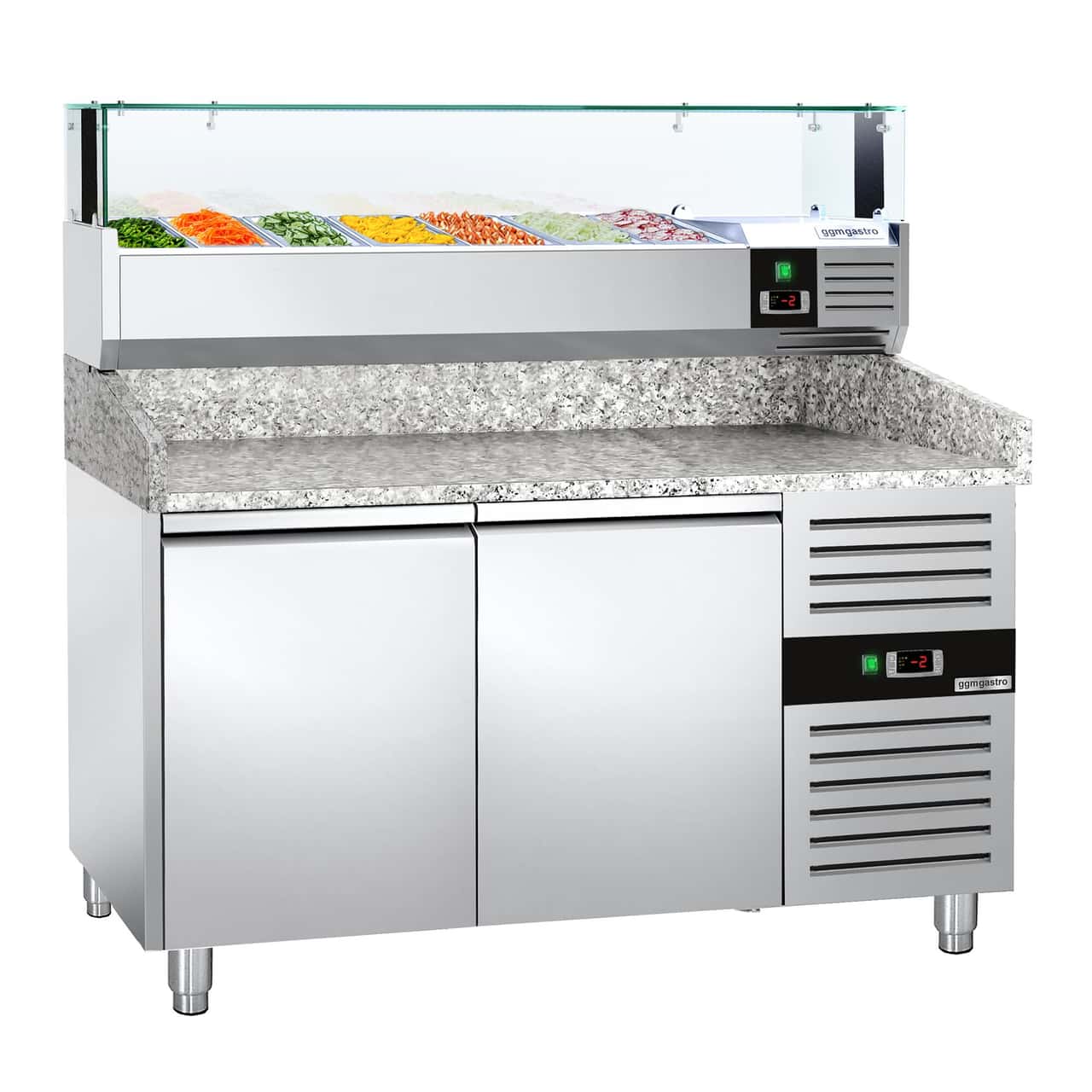 Pizzakühltisch PREMIUM - 1500x800mm - mit 2 Türen - inkl. Kühlaufsatzvitrine LED - 7x GN 1/4