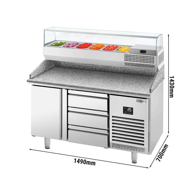 Pizza preparation table Premium PLUS - 1490x700mm - with 1 door & 3 drawers - incl. refrigerated display case - 6x GN 1/4