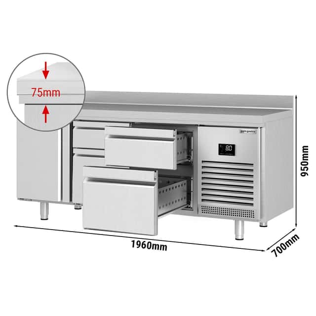 Kühltisch Premium PLUS - 1960x700mm - mit 1 Tür & 4 Schubladen & mit Aufkantung