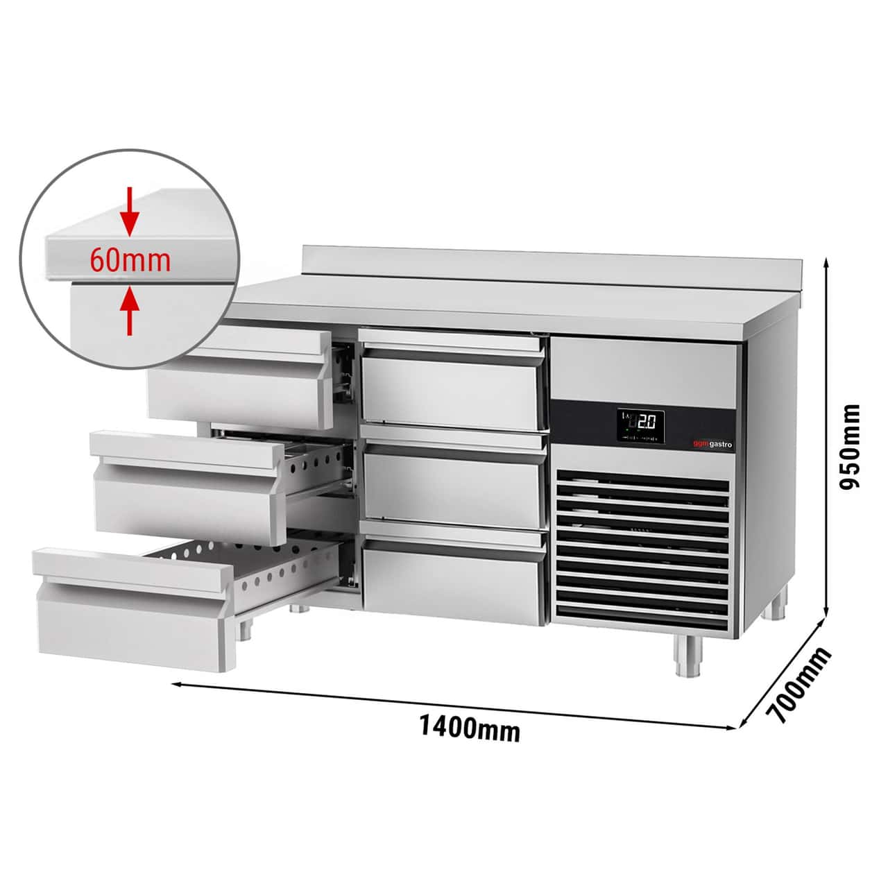 Kühltisch PREMIUM - 1400x700mm - 6 Schubladen & mit Aufkantung