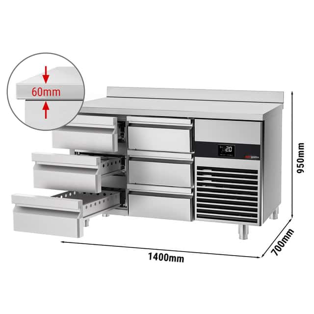 Kühltisch PREMIUM - 1400x700mm - 6 Schubladen & mit Aufkantung