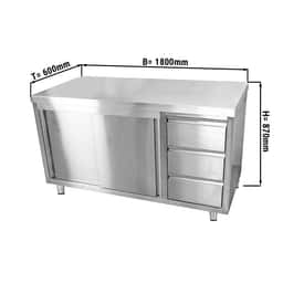 Edelstahl Arbeitsschrank ECO - 1800x600mm - mit 3 Schubladen rechts ohne Aufkantung