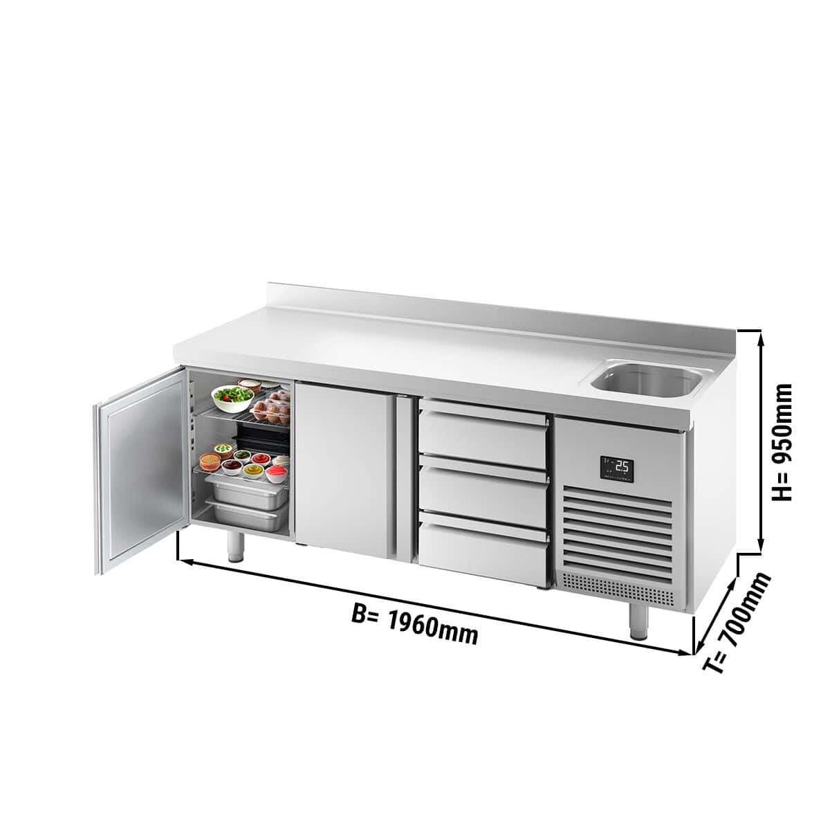 Refrigerated counter Premium PLUS - 1960x700mm - with 1 sink, 2 doors, 3 drawers & backsplash