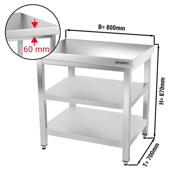 Edelstahl Arbeitstisch PREMIUM - 800x700mm - mit Grundboden & Zwischenboden