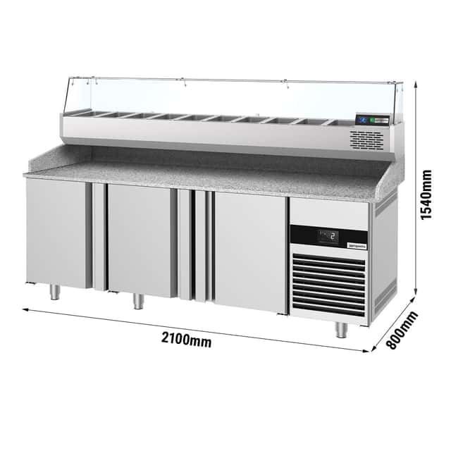 Pizzakühltisch PREMIUM - 2100x800mm - mit 3 Türen - inkl. Kühlaufsatzvitrine - 10x GN 1/3