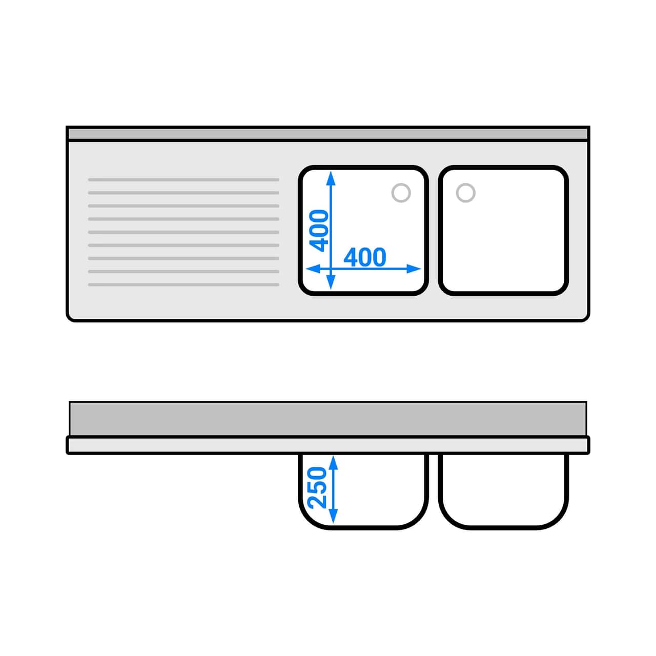 Spültisch ECO - 1600x600mm - mit Grundboden & 2 Becken rechts