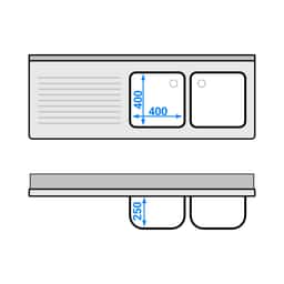 Spültisch ECO - 1600x600mm - mit Grundboden & 2 Becken rechts