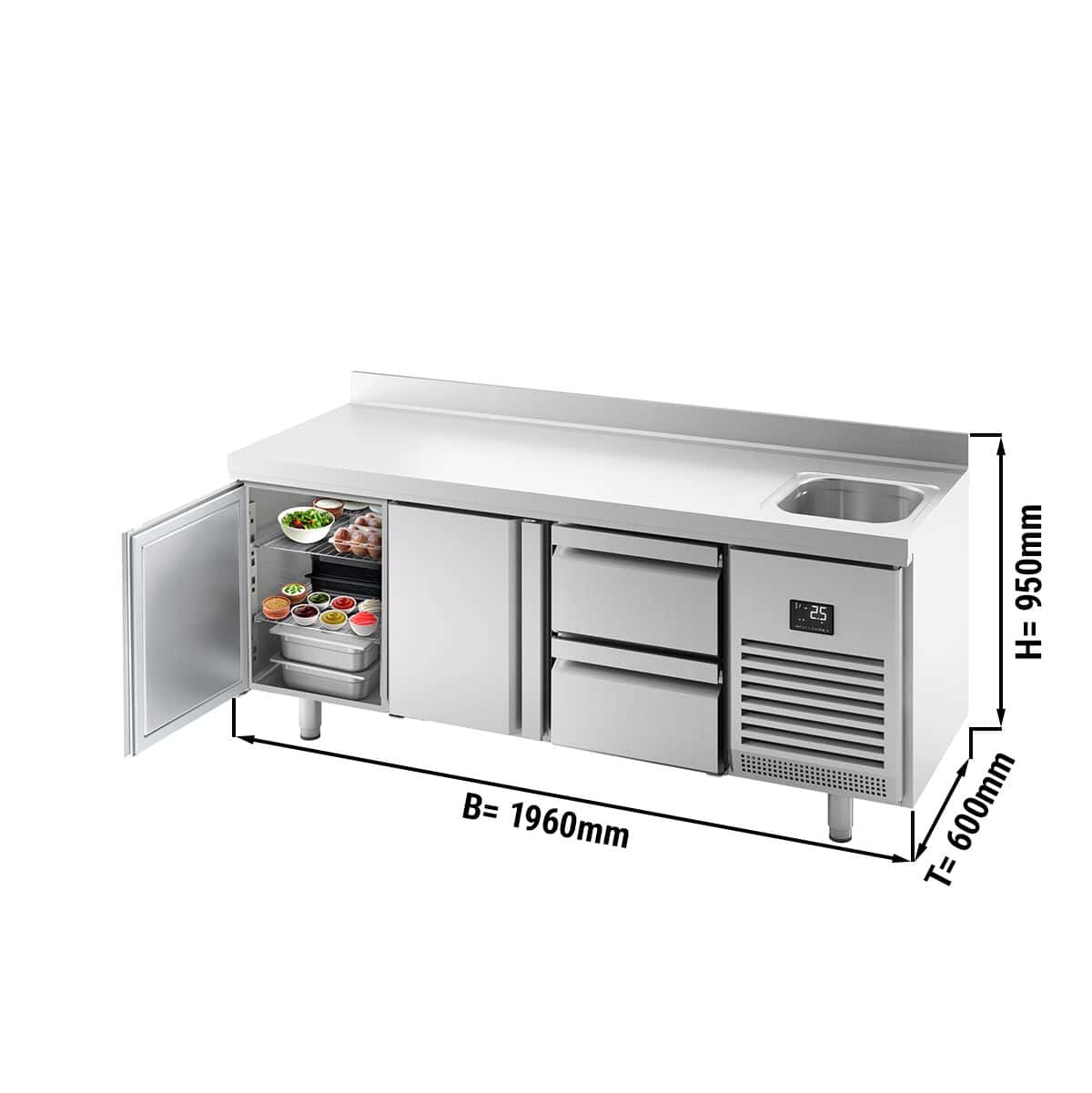 Refrigerated counter Premium PLUS - 1960x600mm - with 1 sink, 2 doors, 2 drawers & backsplash