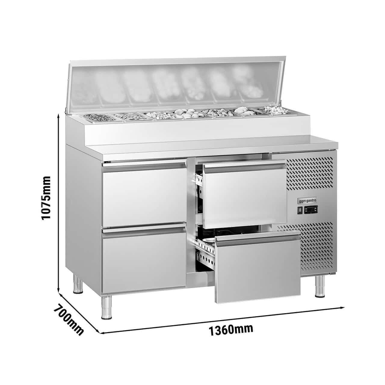 Zubereitungstisch ECO - 1360mm - für 7x GN 1/3 - 4 Schubladen