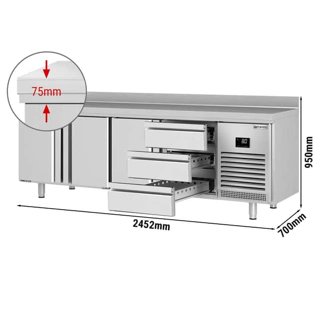 Kühltisch Premium PLUS - 2452x700mm - mit 3 Türen & 3 Schubladen & mit Aufkantung