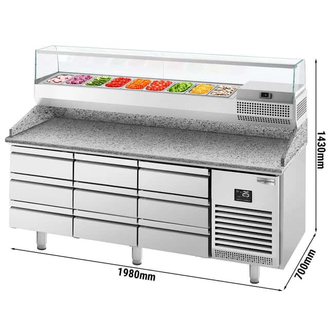 Pizza preparation table Premium PLUS - 1980x700mm - with 9 drawers - incl. refrigerated display case - 9x GN 1/4