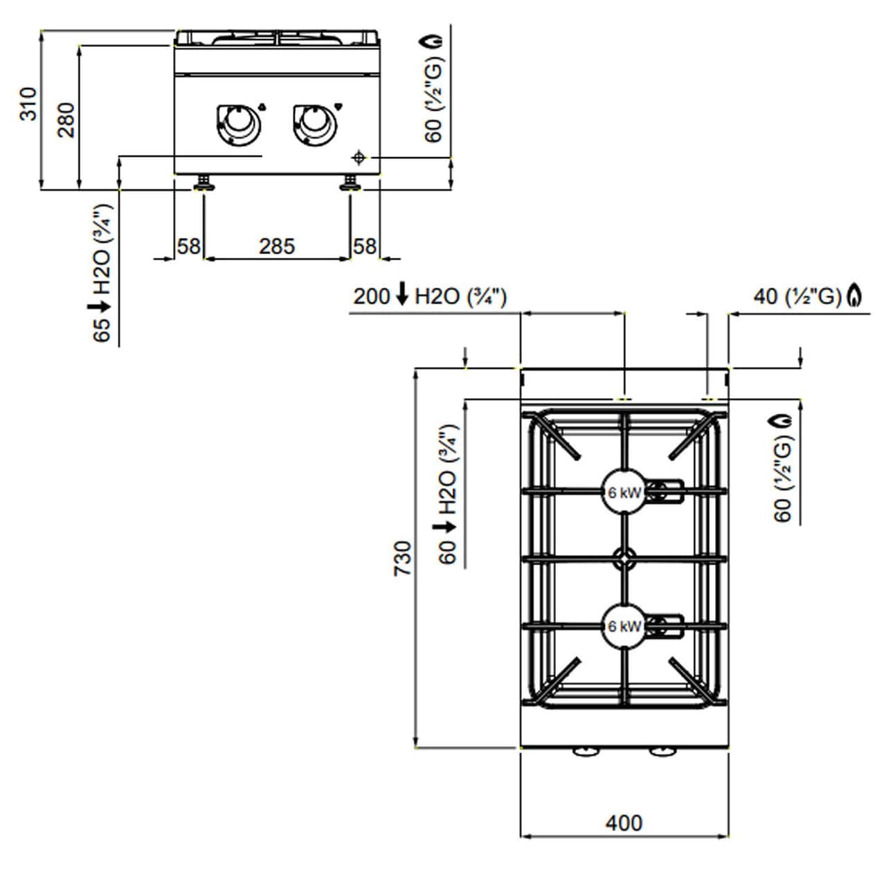 Gasherd - 12 kW - 2 Brenner