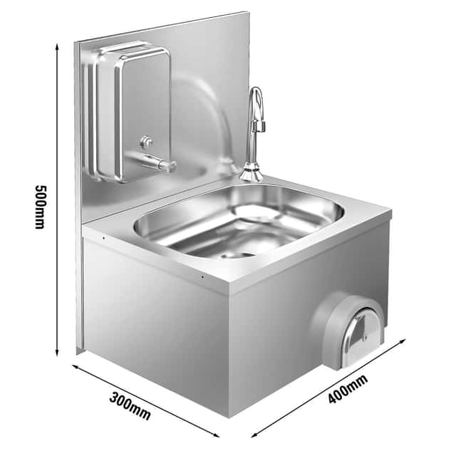 Handwaschbecken - Edelstahl - mit Wasserhan, Kniebedienung & Seifenspender