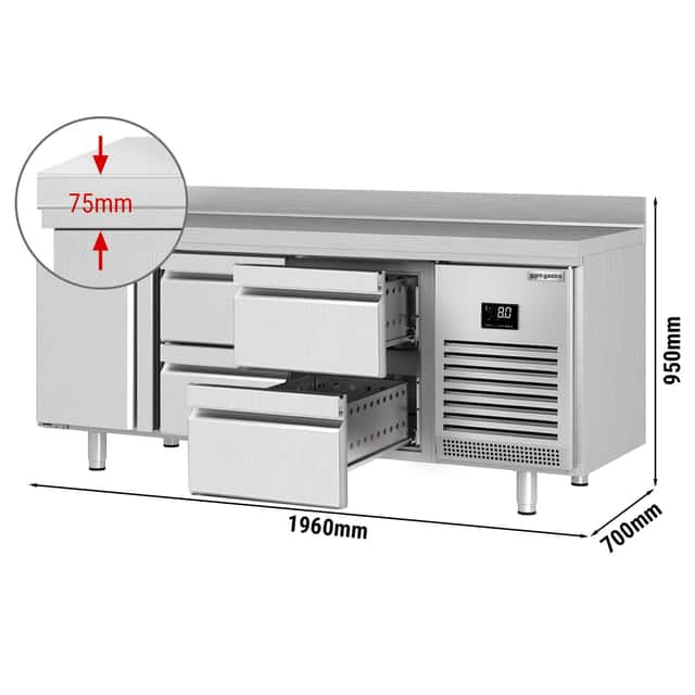 Kühltisch Premium PLUS - 1960x700mm - mit 1 Tür & 4 Schubladen & mit Aufkantung