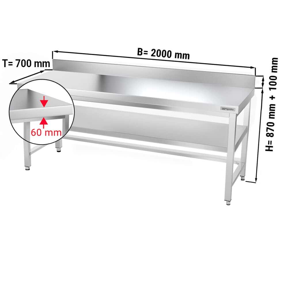 Edelstahl Arbeitstisch PREMIUM - 2000x700mm - mit Grundboden, Aufkantung & Verstrebung