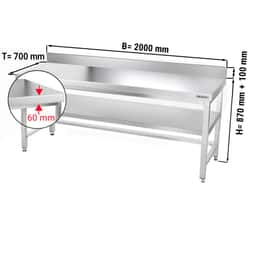 Edelstahl Arbeitstisch PREMIUM - 2000x700mm - mit Grundboden, Aufkantung & Verstrebung