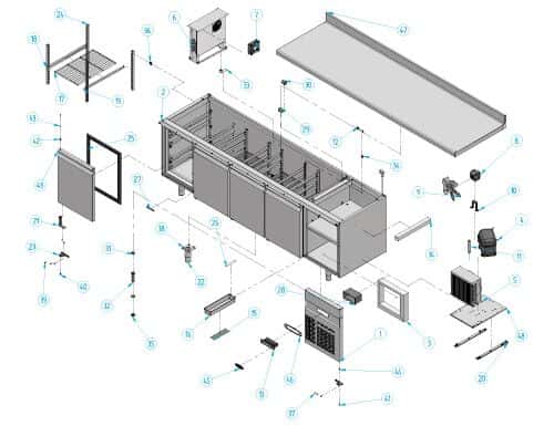 Kühltisch Premium PLUS - 2452x700mm - mit 3 Türen & 2 Schubladen & mit Aufkantung