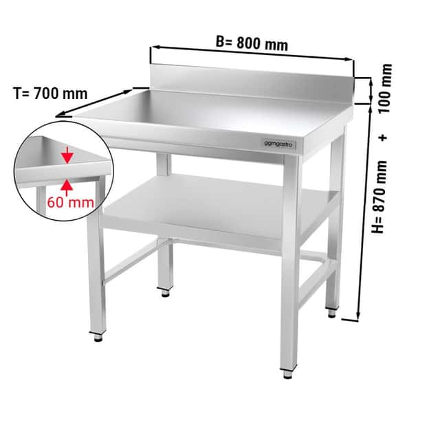 Edelstahl Arbeitstisch PREMIUM - 800x700mm - mit Grundboden, Aufkantung & Verstrebung