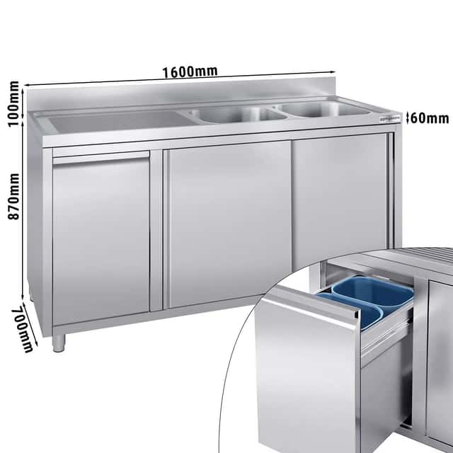 Spülschrank - 1600x700mm - mit Abfallbehälter & 2 Becken rechts