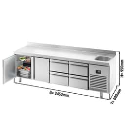 Refrigerated counter Premium PLUS - 2452x600mm - with 1 sink, 2 doors, 4 drawers & backsplash