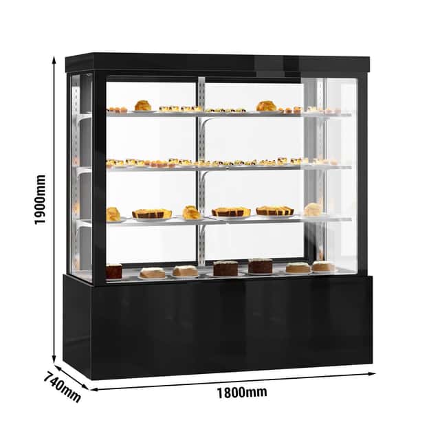 Kuchenvitrine - 1800mm - mit LED-Beleuchtung & 3 Ablagen - Spiegelfront - Schwarz