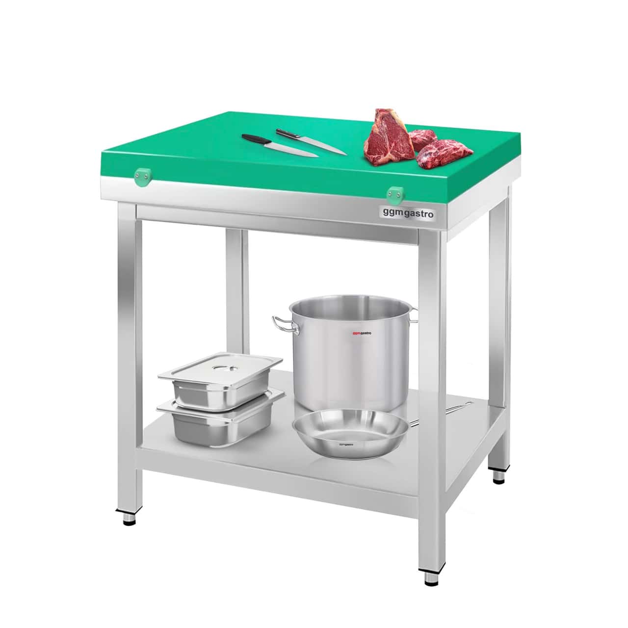 Stainless steel worktable PREMIUM - 700x700mm - with base shelf without upstand incl. cutting plate