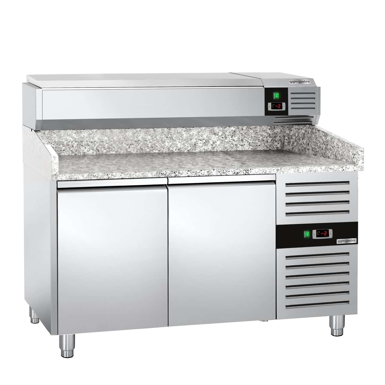 Pizzakühltisch PREMIUM - 1500x800mm - mit 2 Türen - inkl. Kühlaufsatzvitrine - 6x GN 1/3