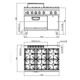 Gasherd - mit 6 Brennern - 44 kW - inkl. Gasbackofen - 7,8 kW