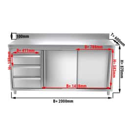 Edelstahl Arbeitsschrank PREMIUM - 2000x600mm - mit 3 Schubladen links & Aufkantung