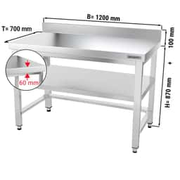 Edelstahl Arbeitstisch PREMIUM - 1200x700mm - mit Grundboden, Aufkantung & Verstrebung