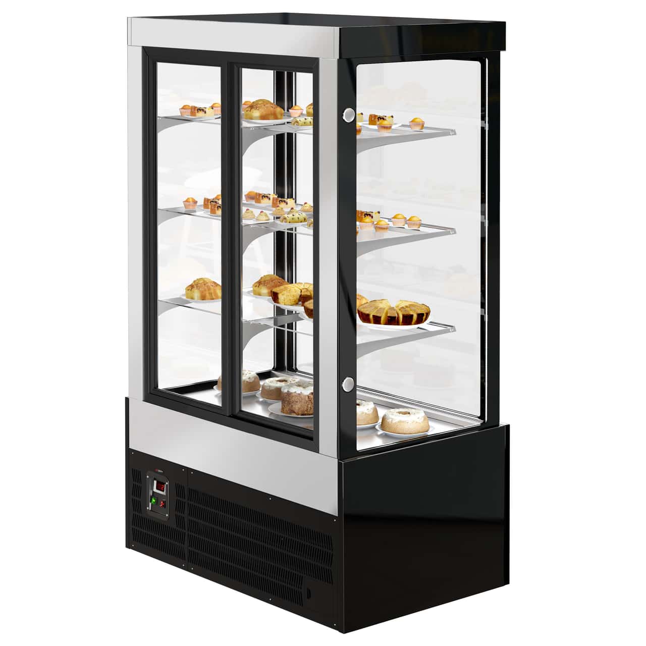 Kuchenvitrine - 1200mm - mit LED-Beleuchtung, 3 Ablagen & Spiegelfront - Schwarz