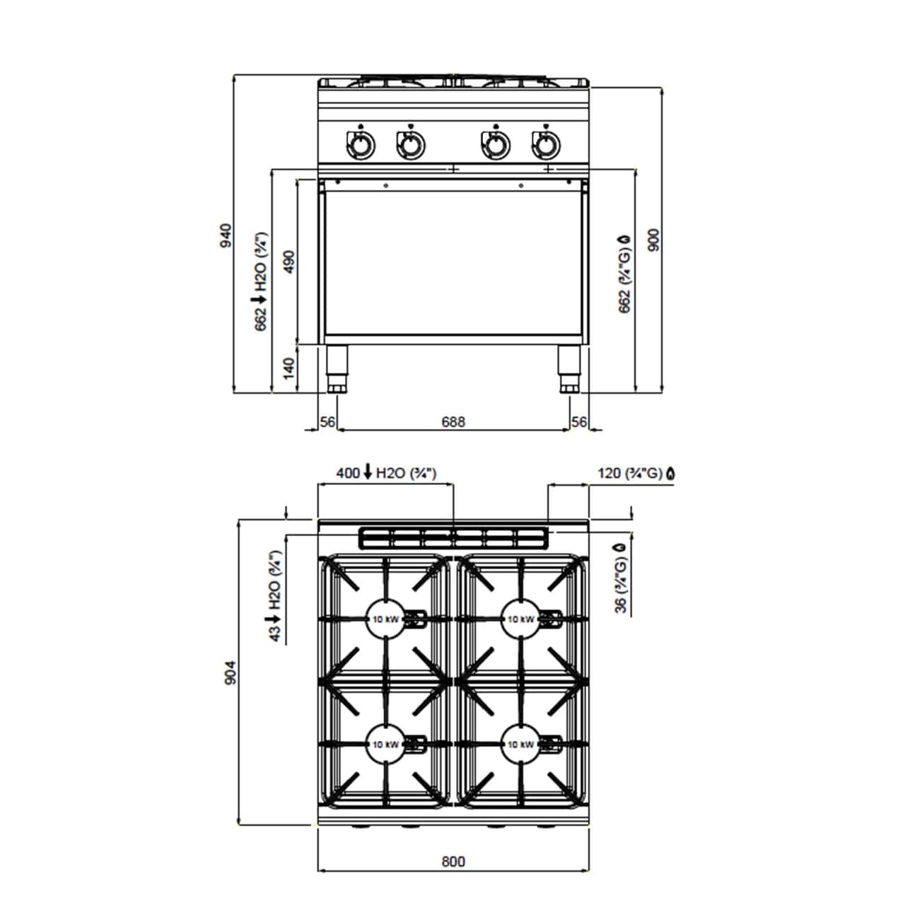 Plynový sporák - se 4 hořáky - 40 kW - vysoce výkonný model