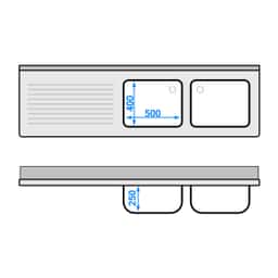 Spültisch PREMIUM - 2000x600mm - mit Grundboden & 2 Becken rechts