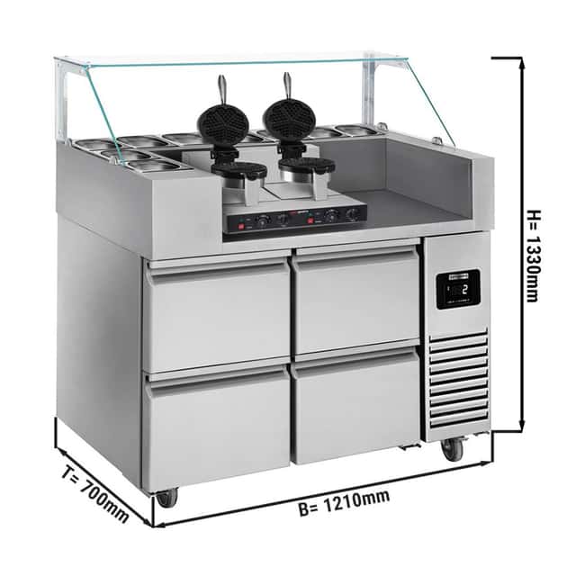 Zubereitungstisch - 1210mm - für 9x GN 1/6 - 4 Schubladen - inkl. Waffeleisen - Herzform