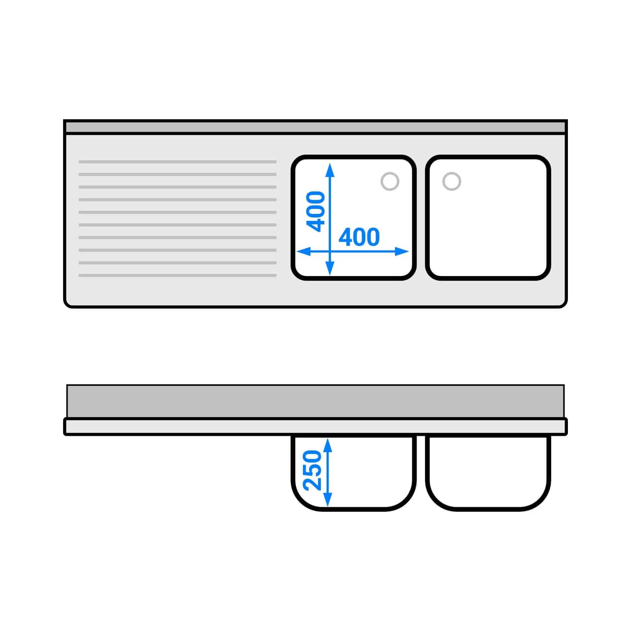 Spülschrank - 1600x600mm - mit 3 Schubladen & 2 Becken rechts