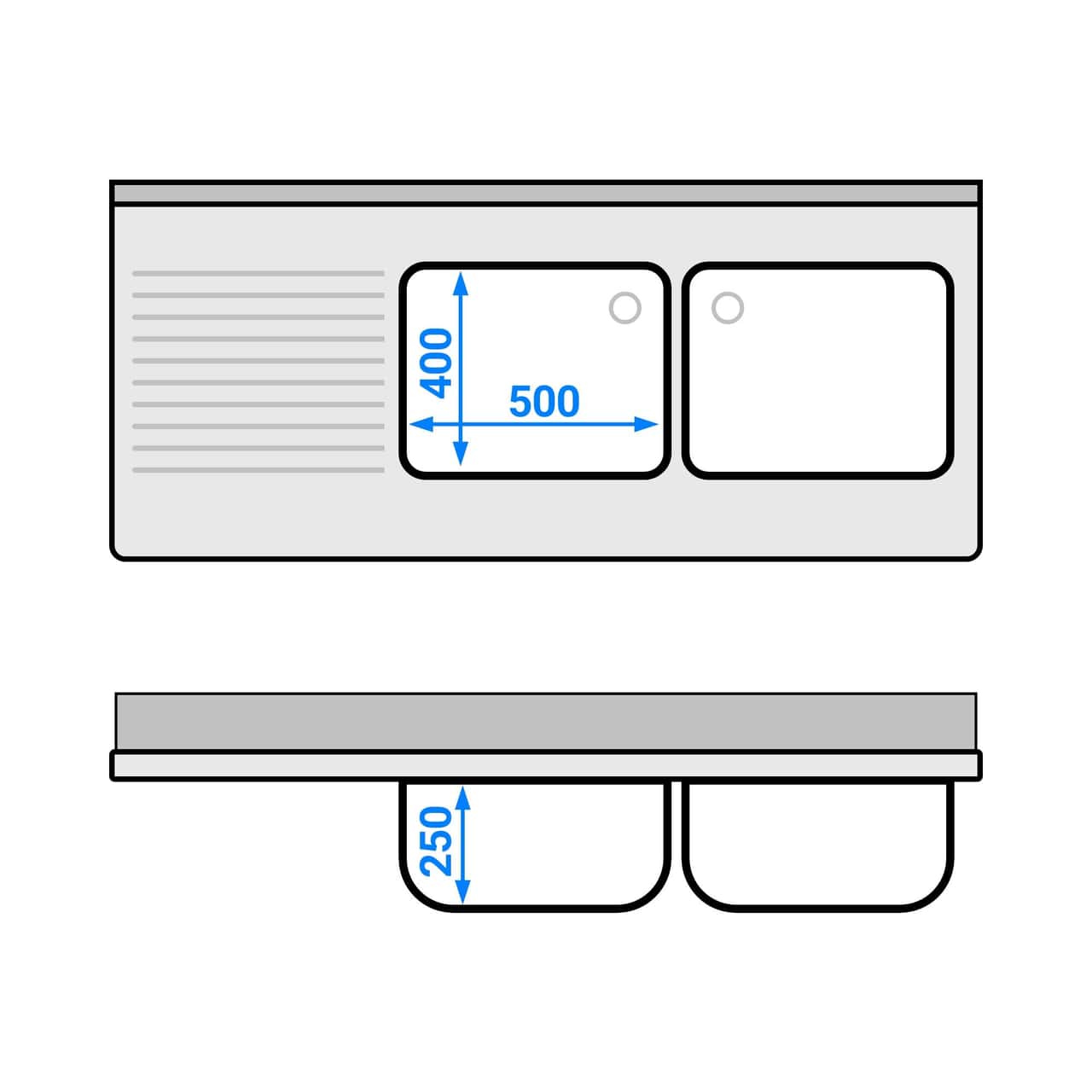 Spülschrank - 1600x700mm - mit 3 Schubladen & 2 Becken rechts