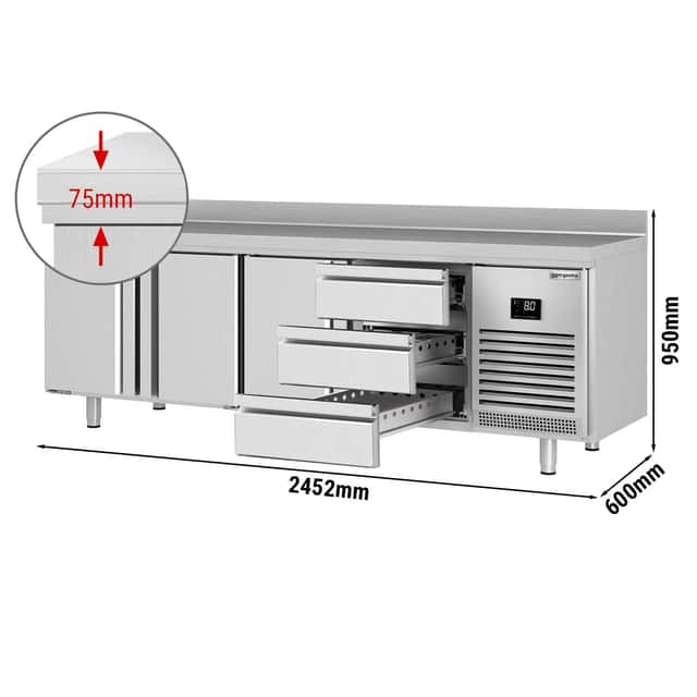 Kühltisch Premium PLUS - 2452x600mm - mit 3 Türen & 3 Schubladen & mit Aufkantung