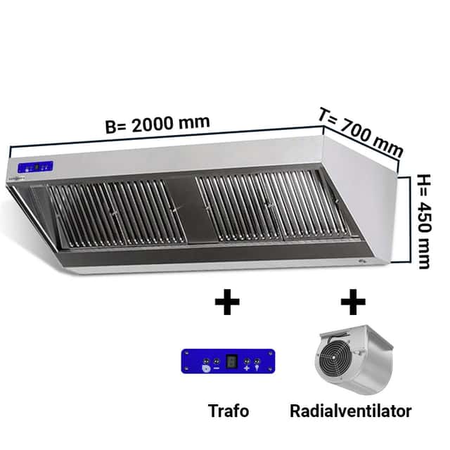 Wandhaube - 2000mm - mit Motor, Regler, Filter & Lampe