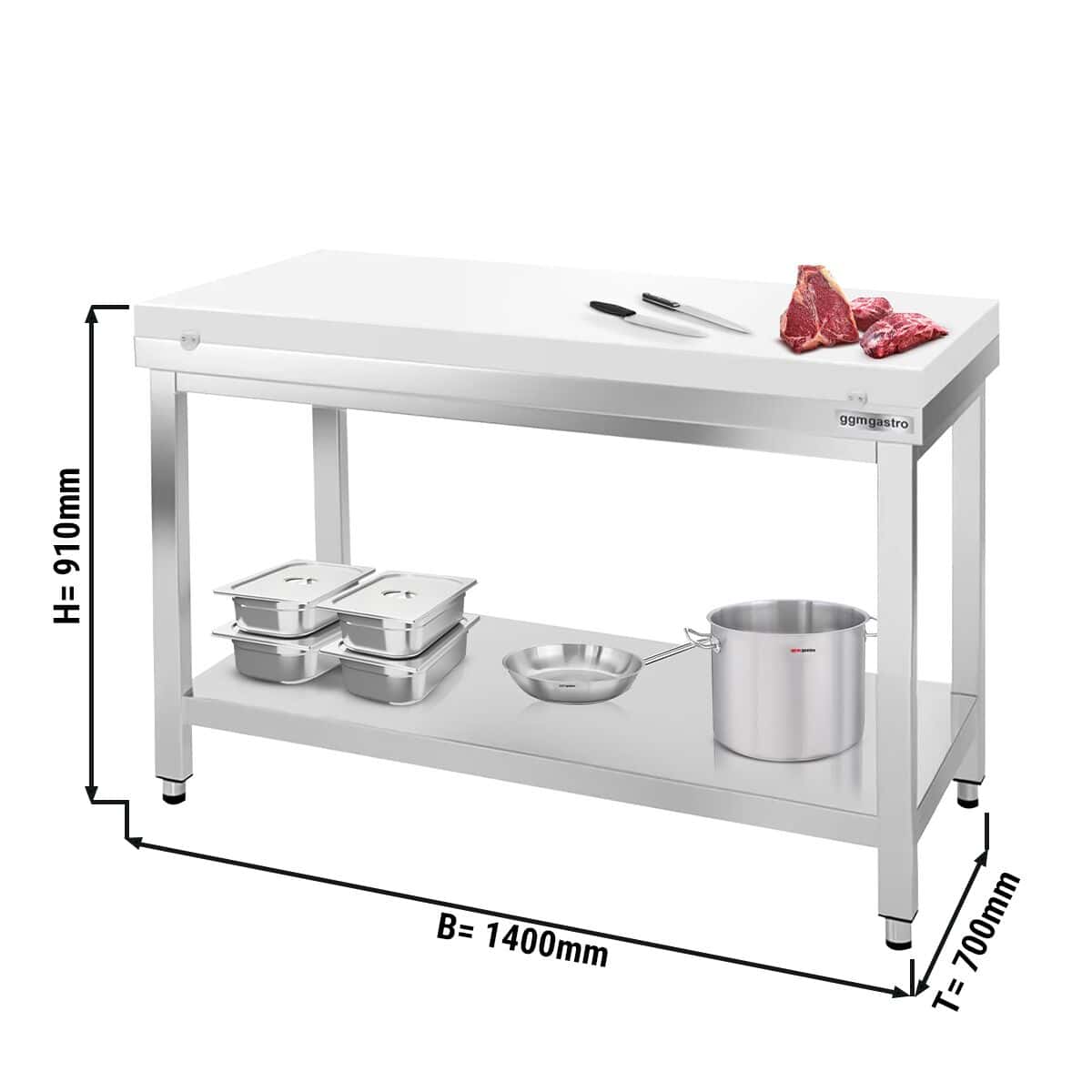 Worktable PREMIUM stainless steel - 1400x700mm - with undershelf without backsplash incl. cutting plate