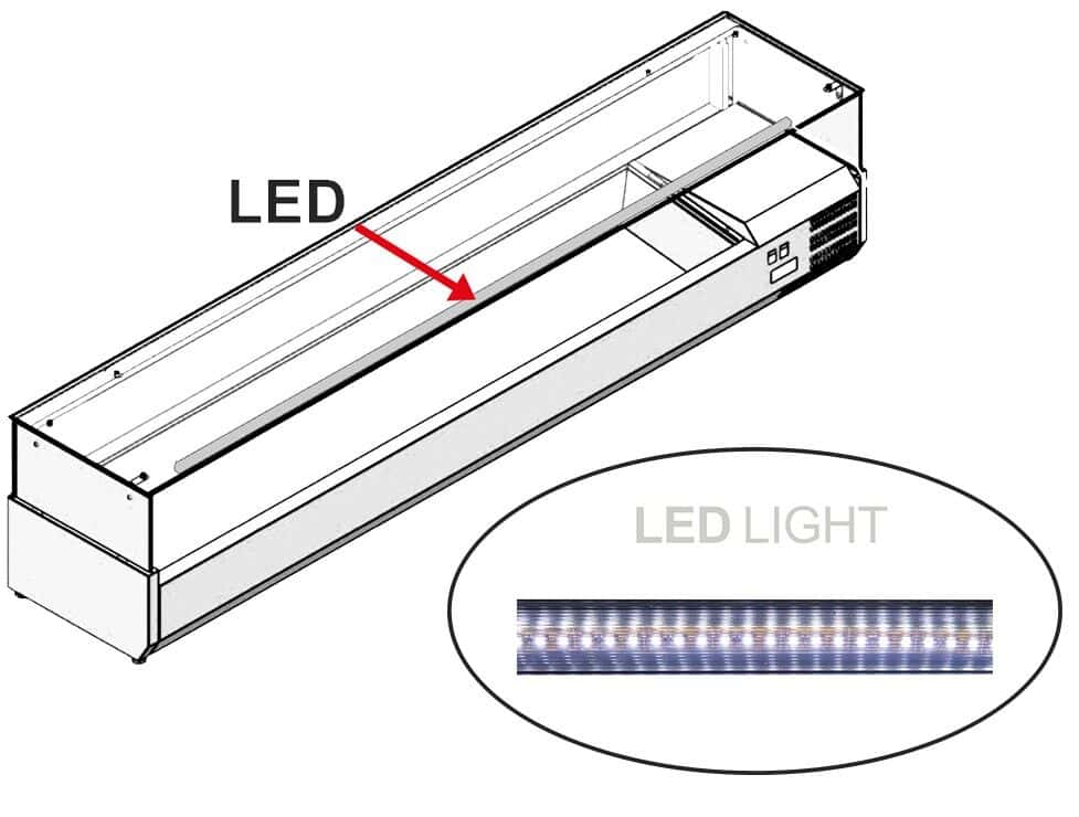 Pizzakühltisch PREMIUM - 2000x800mm - mit 3 Türen - inkl. Kühlaufsatzvitrine LED - 9x GN 1/3