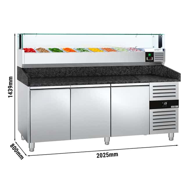 Pizzakühltisch PREMIUM - 2000x800mm - mit 3 Türen - inkl. Kühlaufsatzvitrine LED - 9x GN 1/3