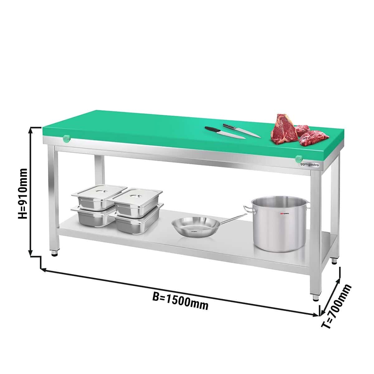 Edelstahl Arbeitstisch PREMIUM - 1500x700mm - mit Grundboden ohne Aufkantung inkl. Schneideplatte