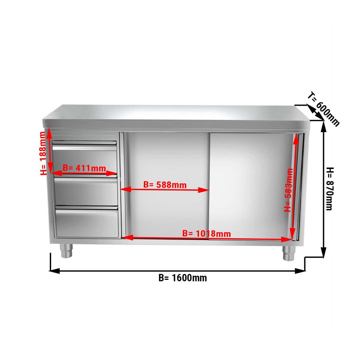 Edelstahl Arbeitsschrank PREMIUM - 1600x600mm - mit 3 Schubladen links ohne Aufkantung