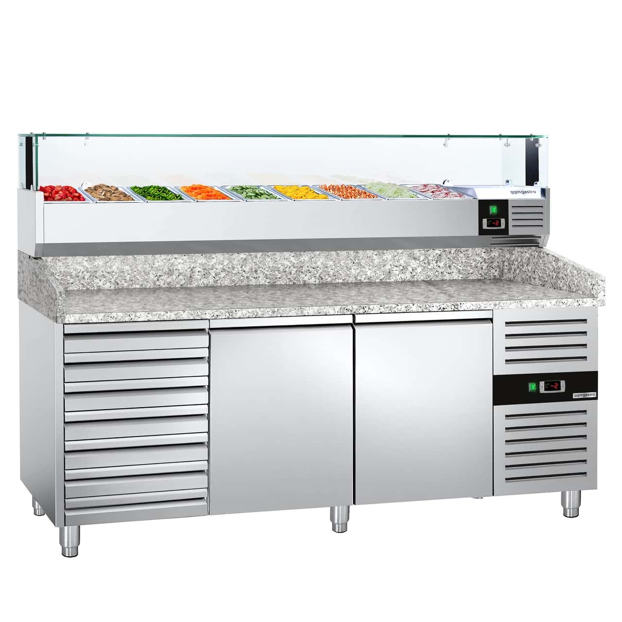 Pizzakühltisch PREMIUM - 2000x800mm - mit 2 Türen & 7 Schubladen - inkl. Kühlaufsatzvitrine LED - 9x GN 1/3