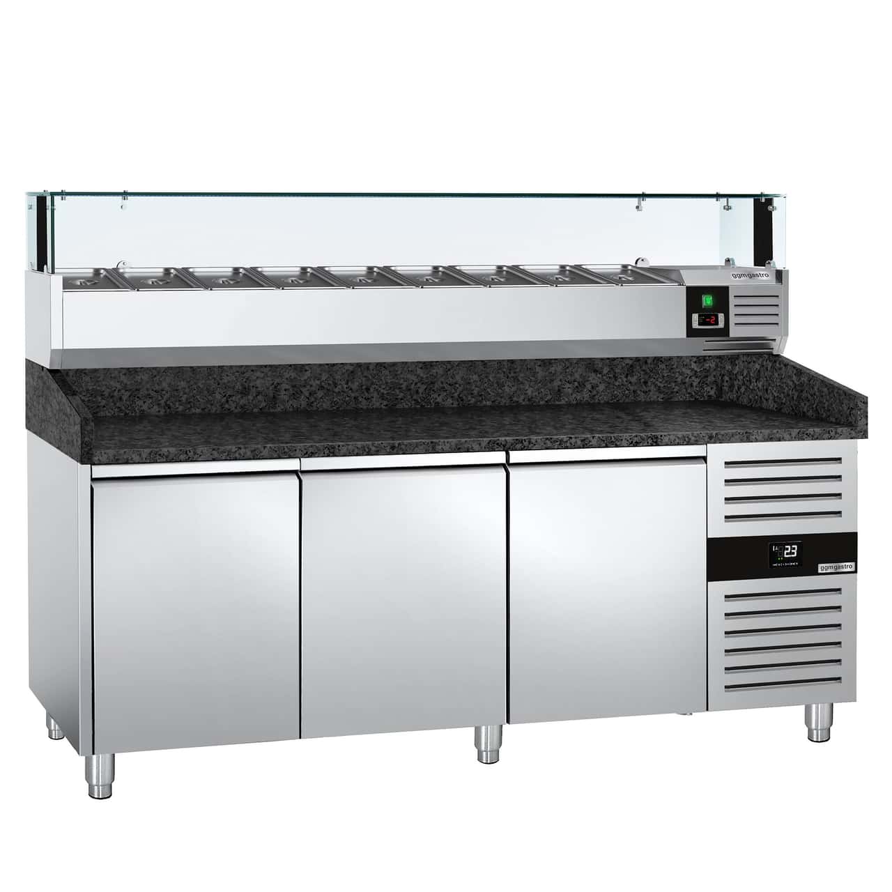 Pizzakühltisch PREMIUM - 2000x800mm - mit 3 Türen - inkl. Kühlaufsatzvitrine LED - 9x GN 1/3