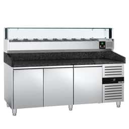 Pizzakühltisch PREMIUM - 2000x800mm - mit 3 Türen - inkl. Kühlaufsatzvitrine LED - 9x GN 1/3