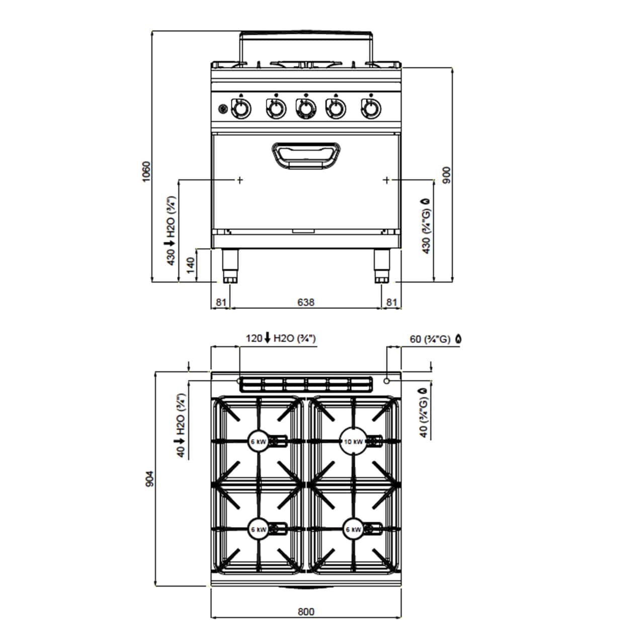 Gasherd - mit 4 Brennern - 40 kW - inkl. Gasbackofen - 7,8 kW - Hochleistungsmodell