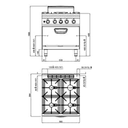 Gasherd - mit 4 Brennern - 40 kW - inkl. Gasbackofen - 7,8 kW - Hochleistungsmodell