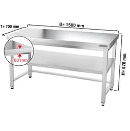 Edelstahl Arbeitstisch PREMIUM - 1500x700mm - mit Grundboden & Verstrebung