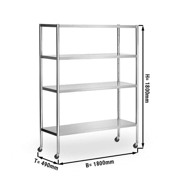 Edelstahlregal PREMIUM - 1800x490mm - mit 4 Ablagen (VERSTELLBAR) - inkl. 4 Räder